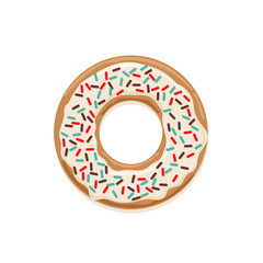 Vector icon of glazed white chocolate donut with dark colored sprinkles