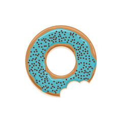 Vector icon of bitten glazed donut with white chocolate sprinkles and blue cream