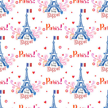Seamless pattern with Eiffel Tower and ornaments on white background.