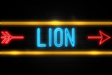 Lion  - fluorescent Neon Sign on brickwall Front view
