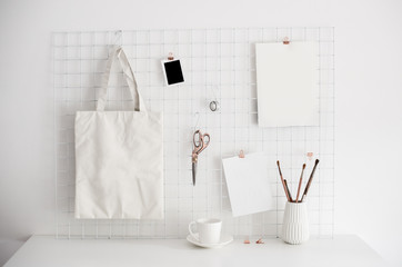 White home office room interior, bloggers workplace