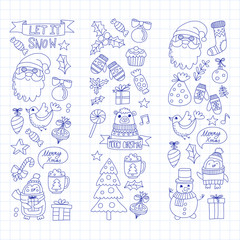 Fototapeta na wymiar Christmas Xmas New year Vector doodle set of icons with Santa Claus, penguin, snowman, bear, presents, christmas decoration