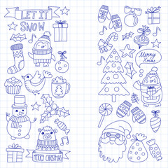 Fototapeta na wymiar Christmas Xmas New year Vector doodle set of icons with Santa Claus, penguin, snowman, bear, presents, christmas decoration
