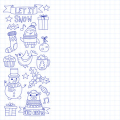Fototapeta premium Christmas Xmas New year Vector doodle set of icons with Santa Claus, penguin, snowman, bear, presents, christmas decoration
