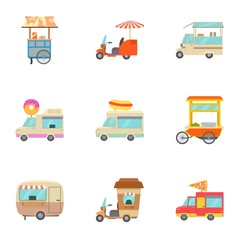 Food truck icons set, cartoon style