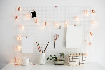 White home office room interior, bloggers workplace