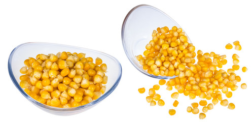 Boiled corn isolated on white background. Two bowls of yellow corn grains - full and spilled.