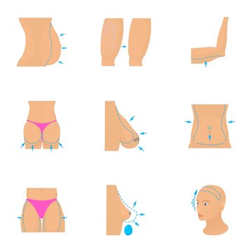 Different plastic surgery icons set, cartoon style