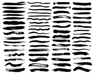 Set of black paint, ink brush strokes, brushes, lines. Dirty artistic design elements.