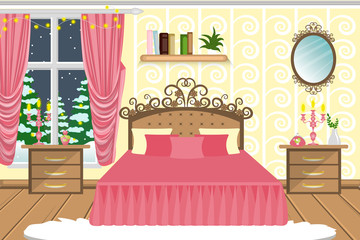 The interior of the bedroom. A room with a beautiful bed and other furniture. Cozy house , winter evening. Christmas. Cartoon. Vector. - 170467458