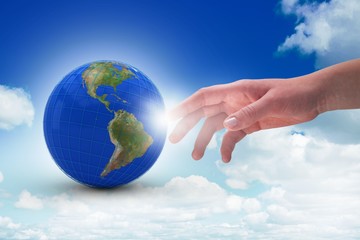 Composite image of close-up of cropped hand on white background