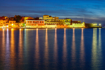 The old Venetian harbor of Chania night.