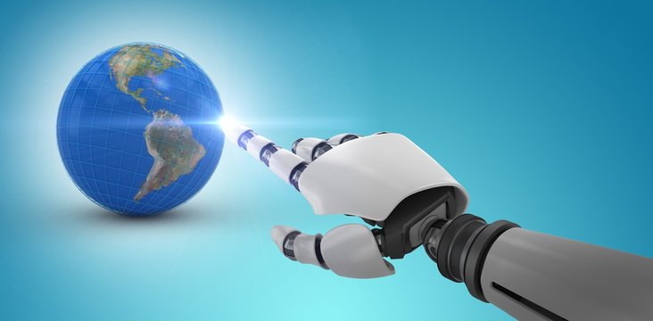 Composite image of white robot arm pointing at something