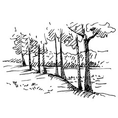 Hand drawn landscape with lake and forest. Sketch, vector illustration.