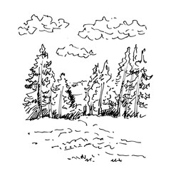Hand drawn landscape with lake and forest. Sketch, vector illustration.