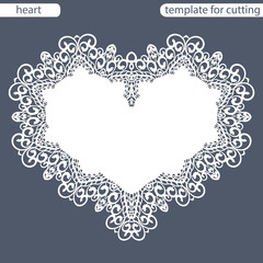 Greeting card with openwork border, paper doily under the cake, template for cutting in the form of heart, valentine card,  wedding invitation, decorative plate is laser cut,  vector illustrations.