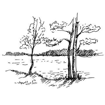 Hand drawn landscape with lake and forest. Sketch, vector illustration.