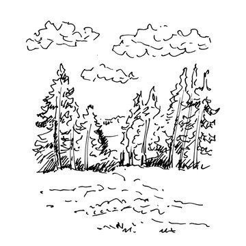Hand drawn landscape with lake and forest. Sketch, vector illustration.
