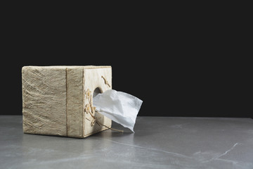 Close-up image one of toilet papers roll in box on the table with dark background.