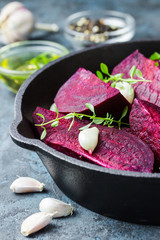 Raw beetroot with balsamic, garlic and thyme.  selective focus, close up.