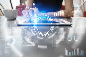 Internet, Business and technology concept. Icons, diagrams and graphs background on virtual screen.