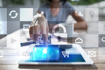 Data protection and cyber security concept on the virtual screen.
