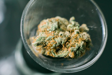 marijuana, cannabis macro trichomes thc flower Sativa and Indica in the Bong Thimble. Concepts the...