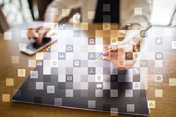 Virtual screen interface with applications icons. APPS. Work Business process in modern office. Strategy planning  Internet technology concept.