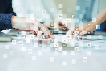 Virtual screen interface with applications icons. APPS. Work Business process in modern office. Strategy planning  Internet technology concept.