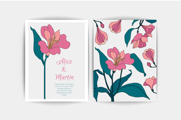 Alstroemeria wedding invitation card. Vector composition of pink flowers illustration. Save the date. Floral alstromeria background.