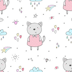 Seamless pattern with cute little cat. vector illustration