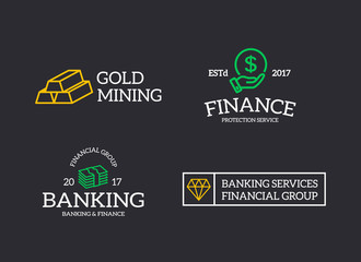 Set of retro vintage money and bank, cash, diamond, hand with a coin, gold bars logo or insignia, emblems, labels and badges and other branding objects. Vector line style