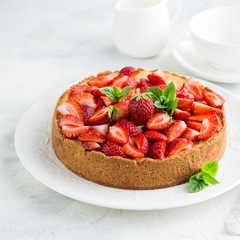 strawberry cheesecake on white background
