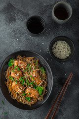salmon and soba noodles in teriyaki sauce