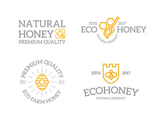 Set of retro vintage honey and shield with a bee, honeycomb, hive logo or insignia, emblems, labels and badges and other branding objects. Vector line style