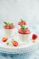 delicious dessert with  cream cheese and strawberry sauce