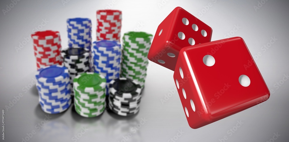 Poster composite image of digitally generated 3d image of red dice