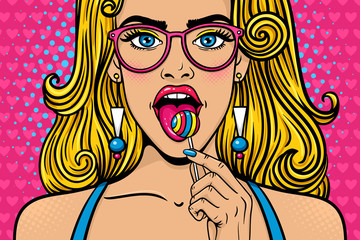 Wow female face. Closeup of sexy young woman in glasses with long blonde hair, open mouth, bright lollipop in her hand. Vector colorful background in pop art retro comic style.  Candy shop poster.