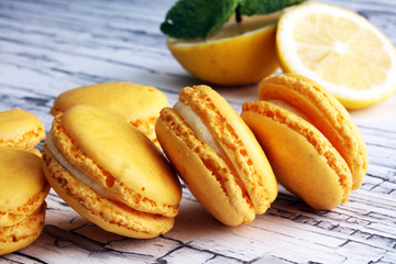 Sweet and colourful french macaroons or macaron with lemon