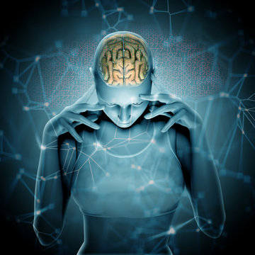 3D render of a female figure with brain  with connecting dots and lines