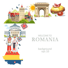 Romania background with traditional symbols of country architecture food map costumes