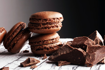 Sweet and colourful french macaroons or macaron with chocolate