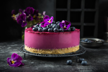no baked blueberry cheesecake on dark background
