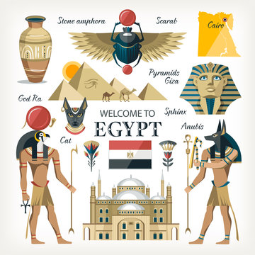Egypt collection set with  traditional symbols of country giza pyramids gods pharaoh cairo citadel scarab and other