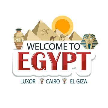 Egypt  sticker advertising lettering header message with pyramids pharaoh amphora camels