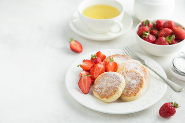 cottage cheese pancakes with fresh strawberry for breakfast