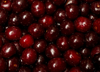Freshly red cherry berries with water droplets. Healthy food background