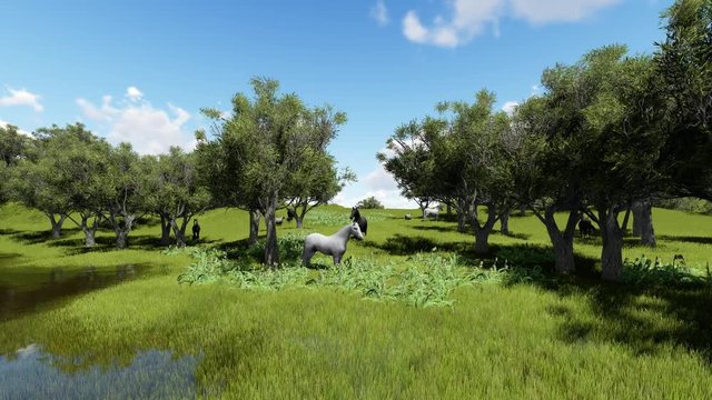 Floating island with horses and cows