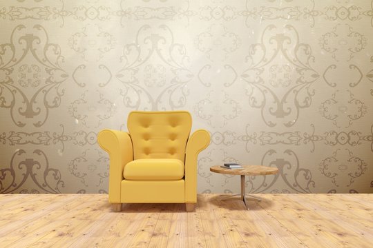 Composite image of yellow armchair by table on floor 
