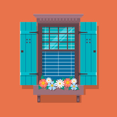 Elements of architecture , window background. Window with flower pots on a wall. Cartoon house element. Cute summer vector illustration